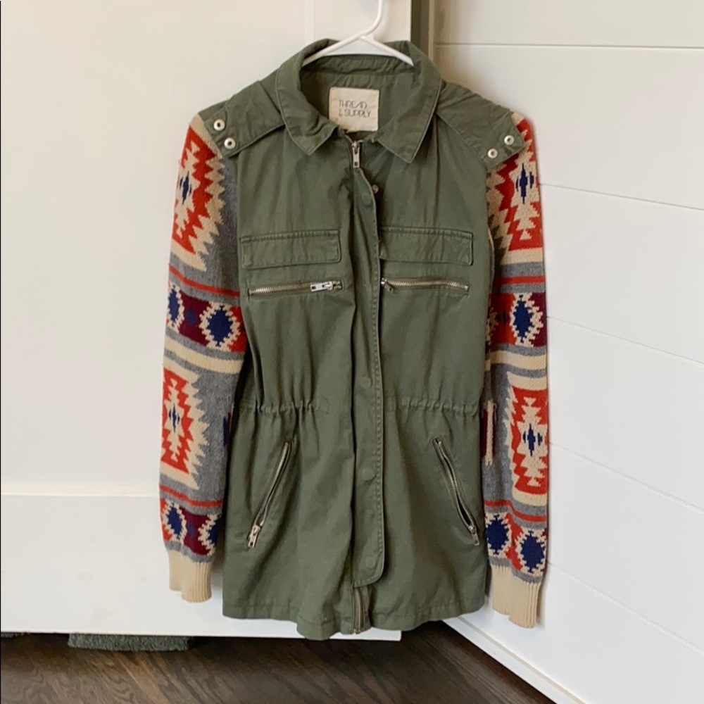 Olive Coat Aztec Sweater Sleeves